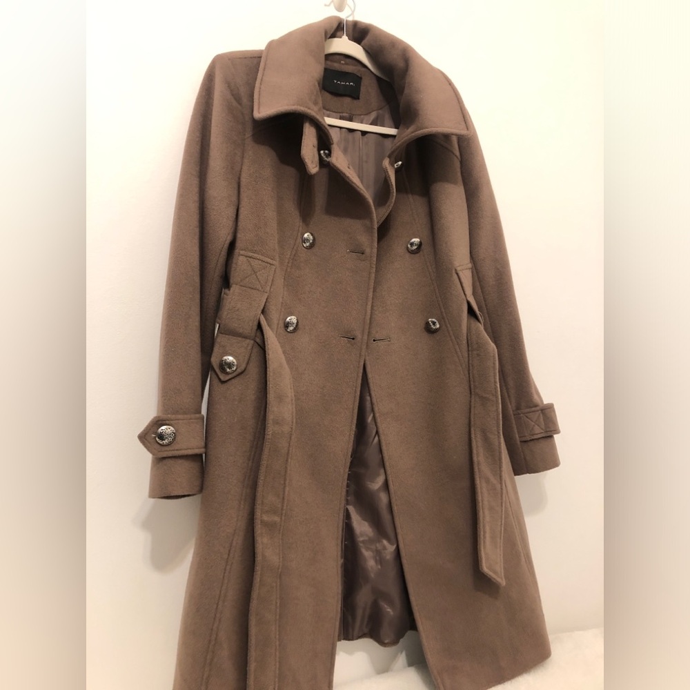 TAHARI "Phoebe" silver buttons Double Breasted long Wool Coat